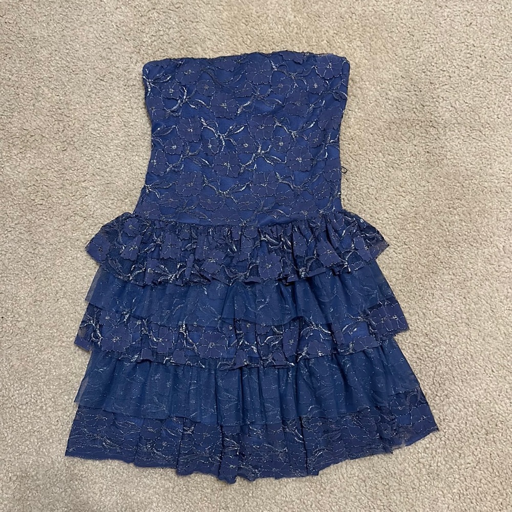 Size M, Brand: As U Wish, Blue Strapless Dress With Silver Floral Details